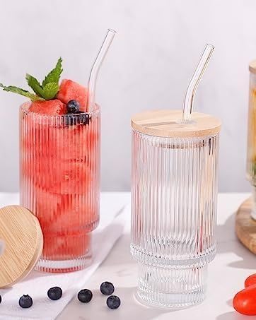 Drinking Glasses Tumbler Set of 1 Wooden Lids and Straws