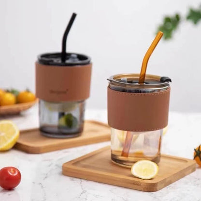 Glass Coffee Mug Tumbler with Leather Belt and Glass Straw
