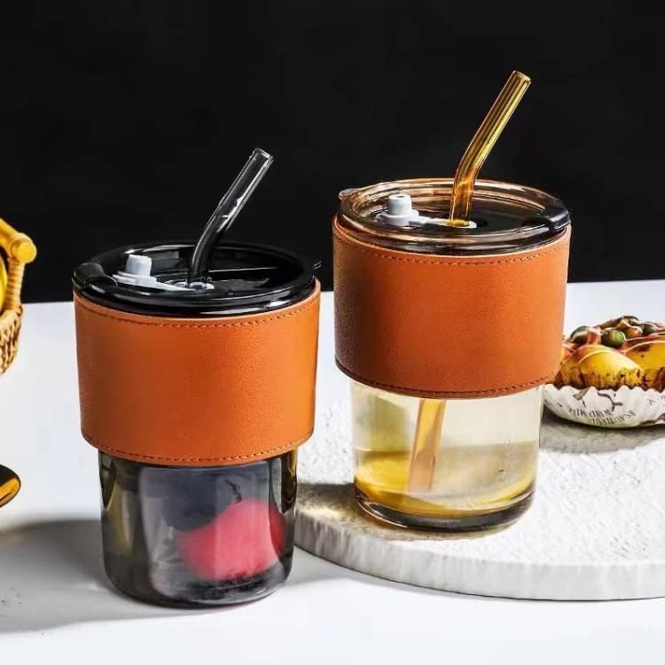 Glass Coffee Mug Tumbler with Leather Belt and Glass Straw