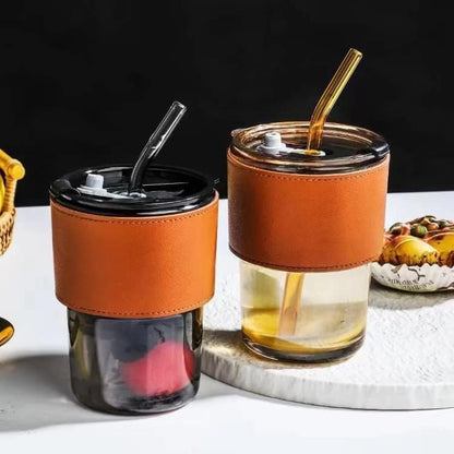 Glass Coffee Mug Tumbler with Leather Belt and Glass Straw