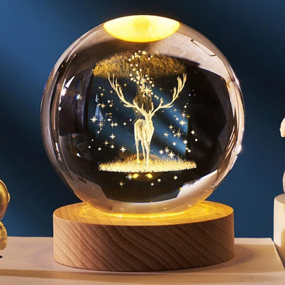 3D Galaxy Crystal Ball Night Light | Dimmable Engraved LED Glass Ball (Deer)