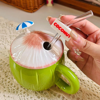 Coconut Shaped Ceramic Mug with Lid & Straw