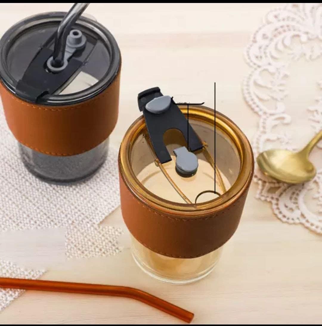 Glass Coffee Mug Tumbler with Leather Belt and Glass Straw