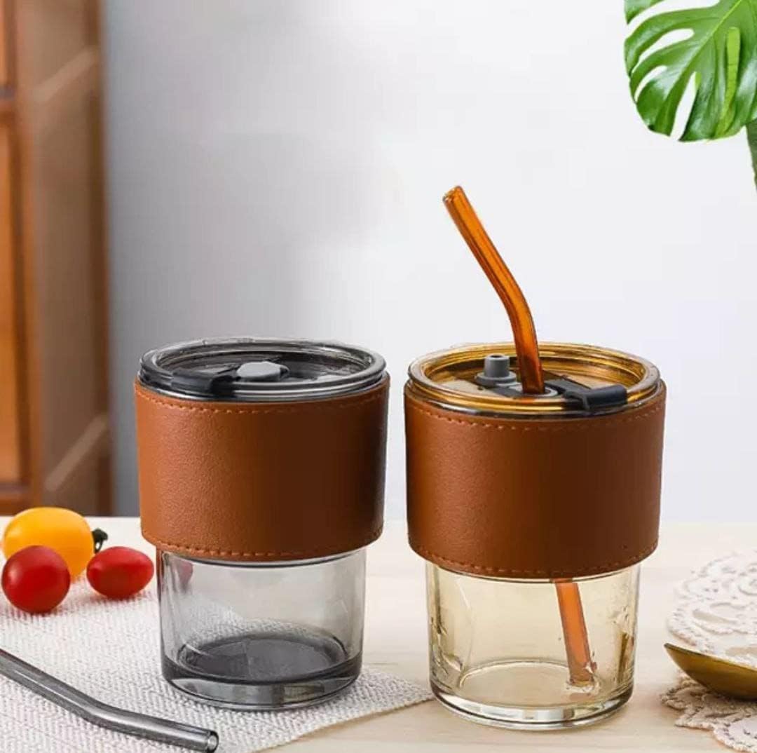 Glass Coffee Mug Tumbler with Leather Belt and Glass Straw