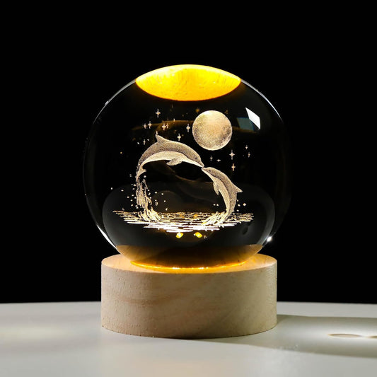 CPENSUS 3D Galaxy Crystal Ball Night Lamp,Solar System, USB Table Colorful LED (Dolphin with Moon)
