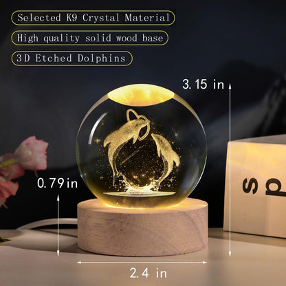 3D Galaxy Crystal Ball Night Light | Dimmable Engraved LED Glass Ball (Dolphin)
