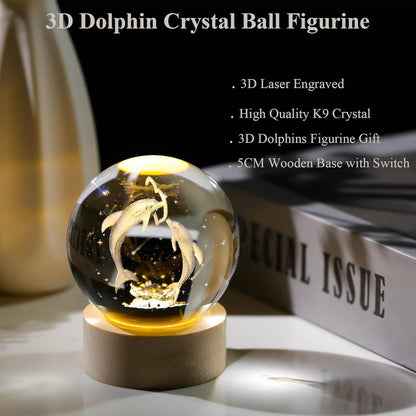 3D Galaxy Crystal Ball Night Light | Dimmable Engraved LED Glass Ball (Dolphin)