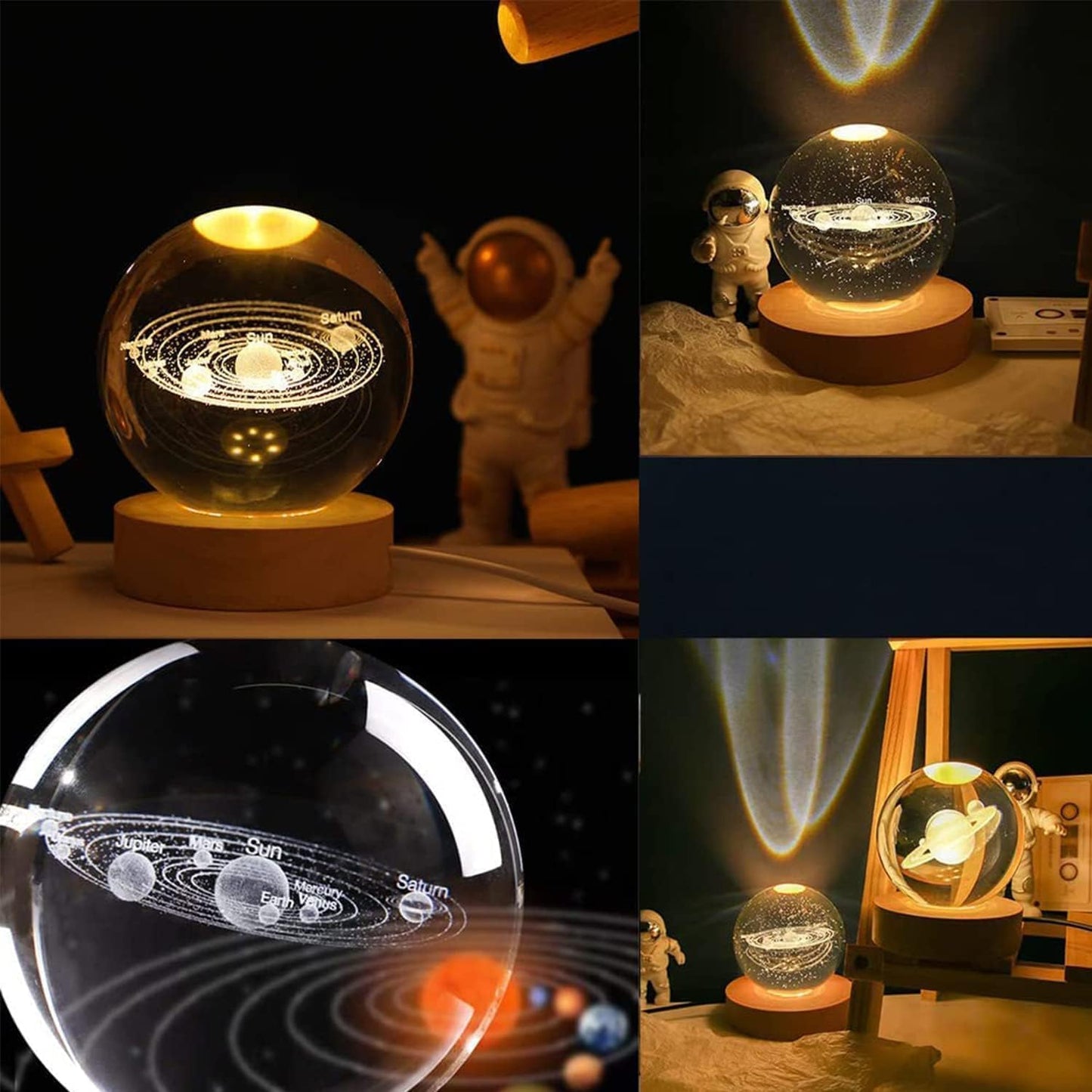 3D Galaxy Crystal Ball Night Light | Dimmable Engraved LED Glass Ball (Solar System)