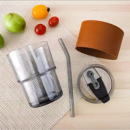 Glass Coffee Mug Tumbler with Leather Belt and Glass Straw